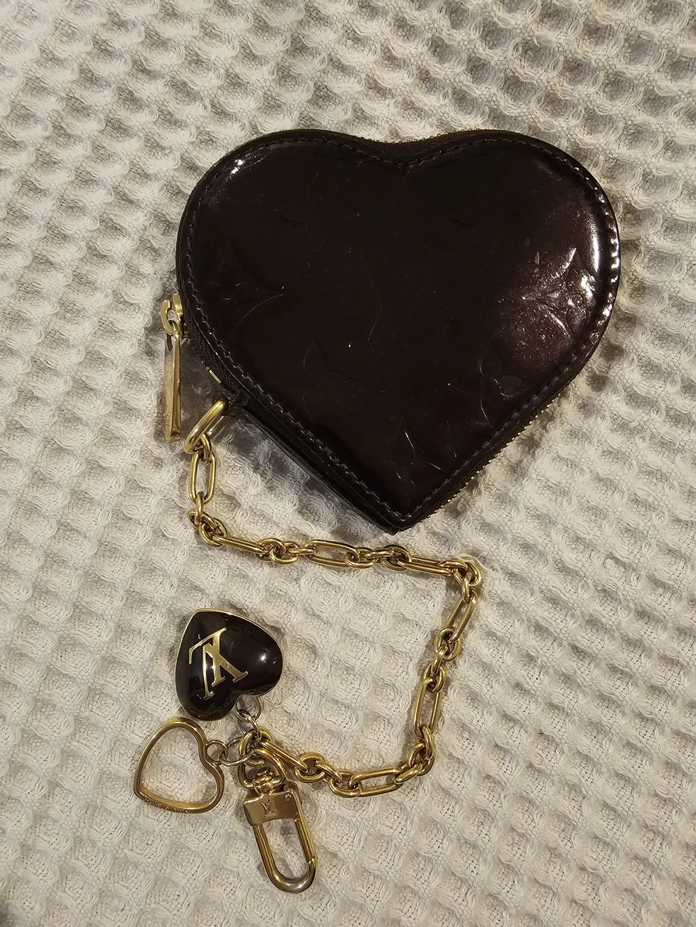 Louis Vuitton Dark Brown Patent Heart Coin Purse with Gold Chain Charm